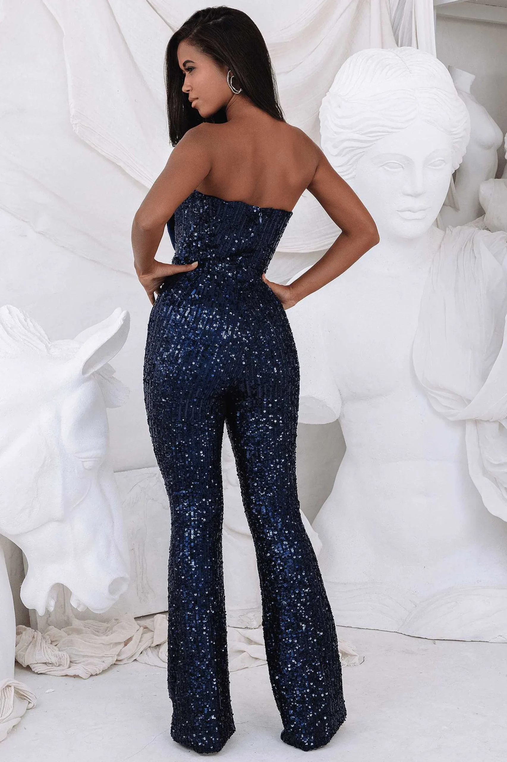 Lavish Alice Jumpsuits & Playsuits<Adira Bandeau Bow Sequin & Velvet Jumpsuit In Navy
