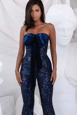 Lavish Alice Jumpsuits & Playsuits<Adira Bandeau Bow Sequin & Velvet Jumpsuit In Navy