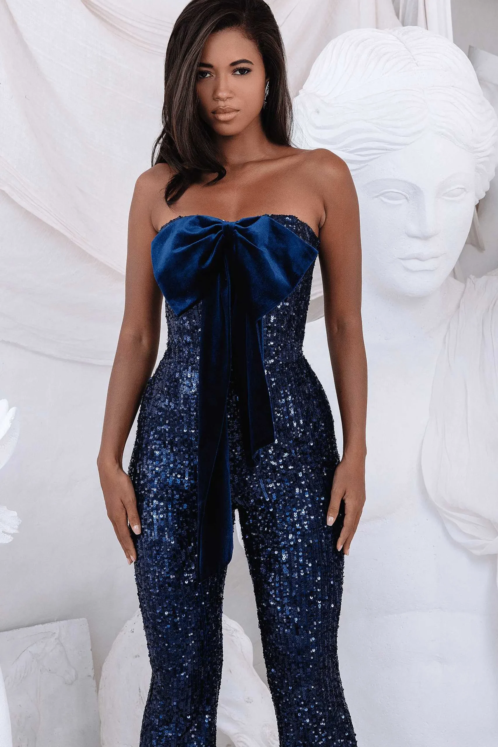 Lavish Alice Jumpsuits & Playsuits<Adira Bandeau Bow Sequin & Velvet Jumpsuit In Navy