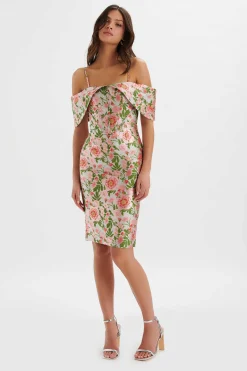 Lavish Alice Dresses<Annalise Bardot Sleeve Corset Midi Dress In Jacquard