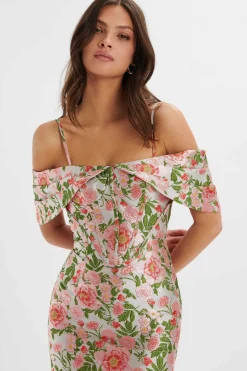 Lavish Alice Dresses<Annalise Bardot Sleeve Corset Midi Dress In Jacquard