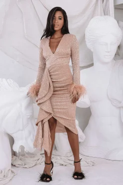 Lavish Alice Dresses<Athena Draped Skirt Pleated Sequin Midi Dress In Gold