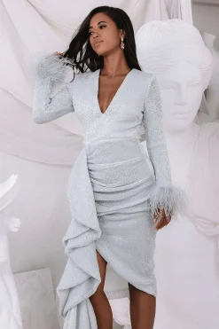 Lavish Alice Dresses<Athena Draped Skirt Pleated Sequin Midi Dress In Silver