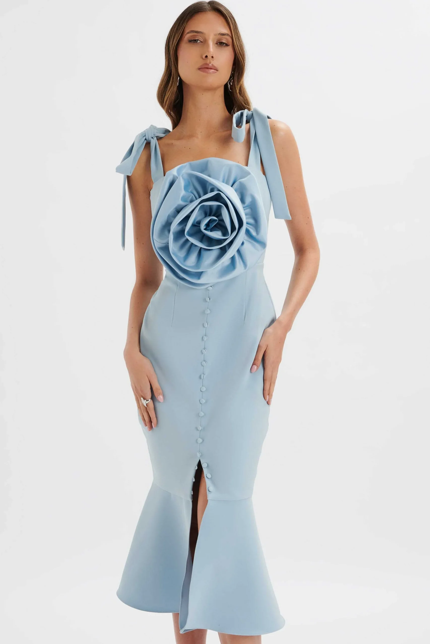 Lavish Alice Dresses<August Flower Detail Tie Strap Micro Button Midi Dress In Cornflower Blue