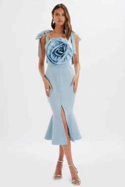 Lavish Alice Dresses<August Flower Detail Tie Strap Micro Button Midi Dress In Cornflower Blue