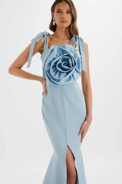 Lavish Alice Dresses<August Flower Detail Tie Strap Micro Button Midi Dress In Cornflower Blue