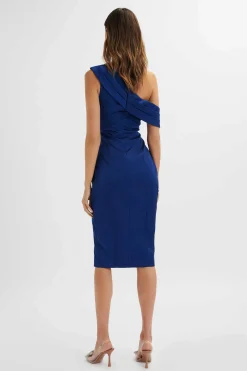 Lavish Alice Dresses<Autumn Pleated Asymmetric Structured Satin Midi Dress In Navy