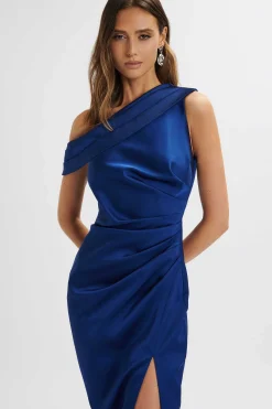 Lavish Alice Dresses<Autumn Pleated Asymmetric Structured Satin Midi Dress In Navy