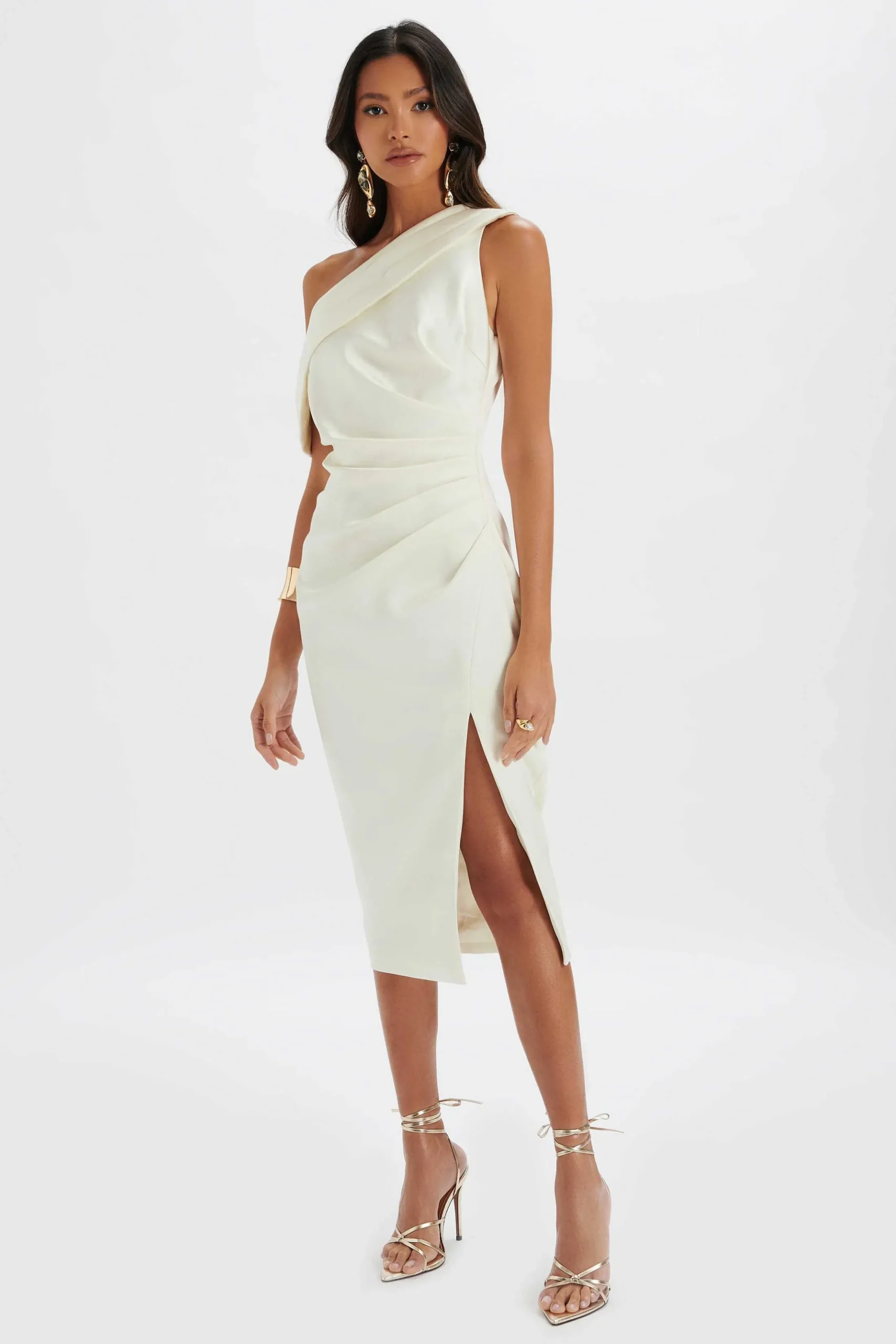 Lavish Alice Dresses<Autumn Pleated One Shoulder Bonded Satin Midi Dress In Ivory