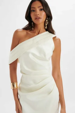 Lavish Alice Dresses<Autumn Pleated One Shoulder Bonded Satin Midi Dress In Ivory