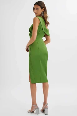 Lavish Alice Dresses<Autumn Pleated One Shoulder Bonded Satin Midi Dress In Green