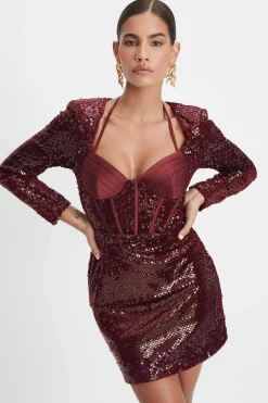 Lavish Alice Dresses<Ava Velvet Sequin And Satin Mix Mini Dress In Burgundy