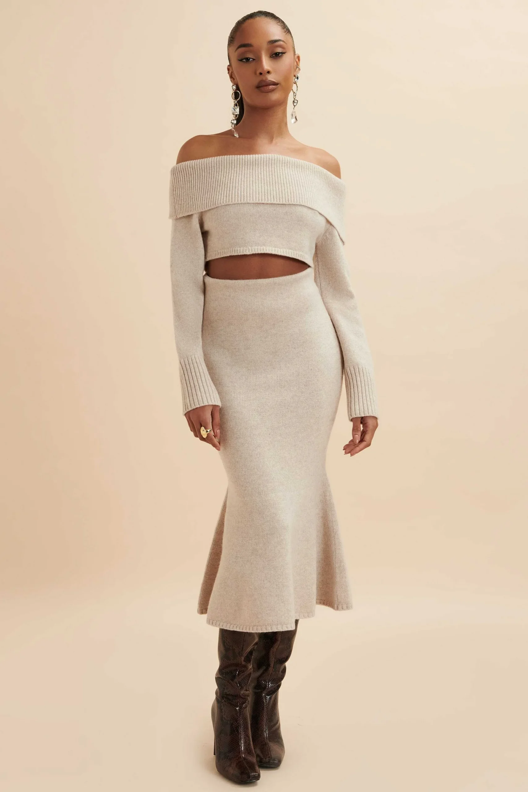 Lavish Alice Knitted Separates<Avani Knitted Wool Bardot Cropped Top In Stone
