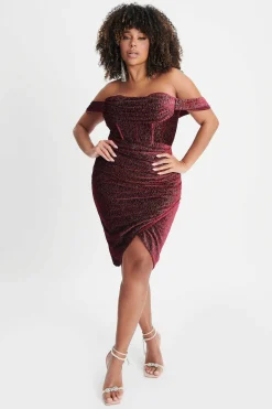 Lavish Alice Dresses<Blake Curve Diamante Velvet Pleated Off Shoulder Midi Dress In Burgundy
