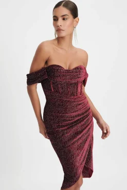 Lavish Alice Dresses<Blake Diamante Velvet Pleated Off Shoulder Midi Dress In Burgundy