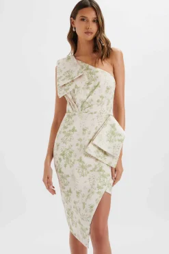 Lavish Alice Dresses<Bloom One Shoulder Bow Detail Satin Midi Dress In Green Porcelain Print