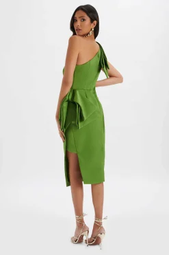 Lavish Alice Dresses<Bloom One Shoulder Bow Detail Satin Midi Dress In Green