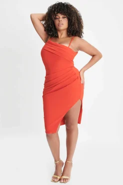 Lavish Alice Dresses<Chantelle Curve Asymmetric Pleat Midi Dress In Coral Red