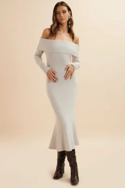 Lavish Alice Dresses<Clover Knitted Wool Bardot Midi Dress In Stone