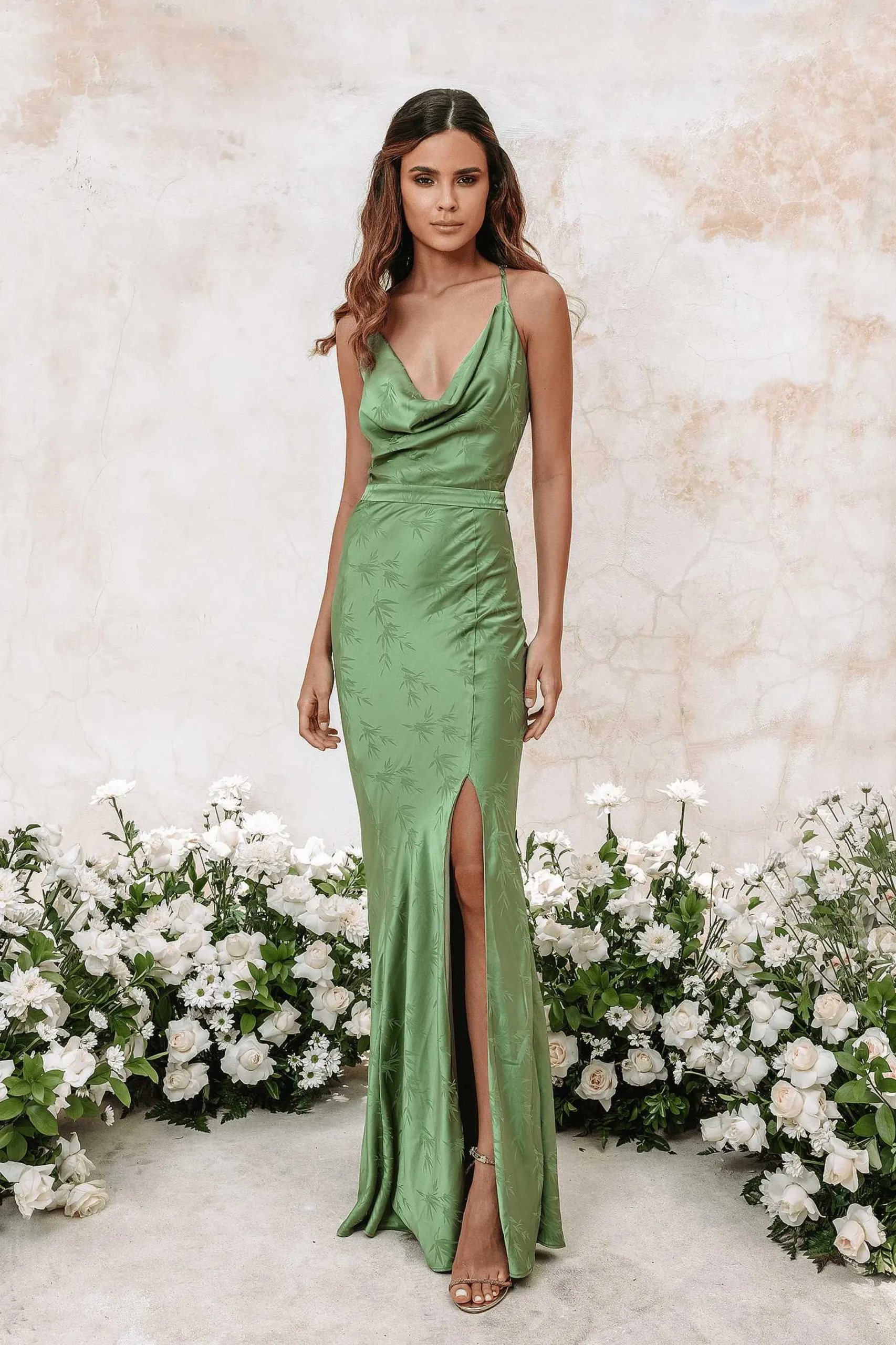 Lavish Alice Dresses<Daniella Satin Jaquard Cowl Neck Maxi Dress In Green