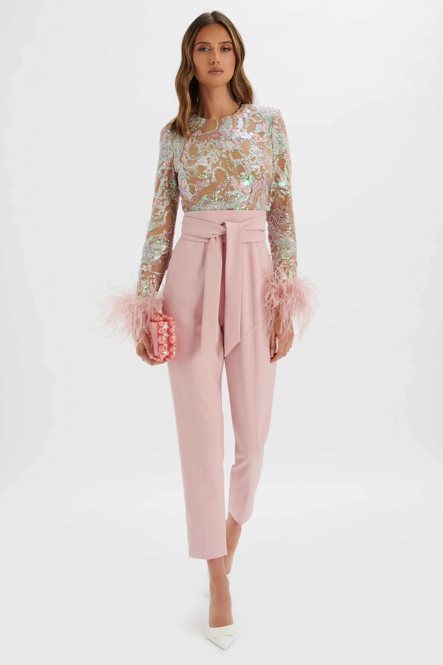 Lavish Alice Jumpsuits & Playsuits<Delia Embellished Feather Cuff Jumpsuit In Pink