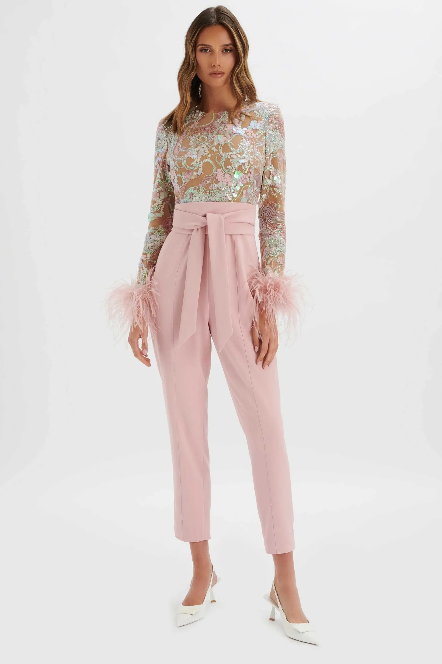 Lavish Alice Jumpsuits & Playsuits<Delia Embellished Feather Cuff Jumpsuit In Pink