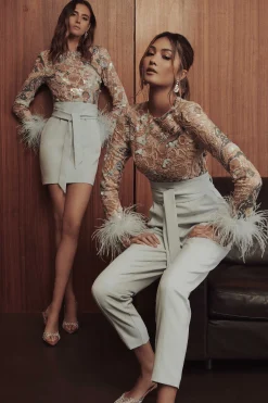 Lavish Alice Jumpsuits & Playsuits<Delia Embellished Feather Cuff Jumpsuit In Blue