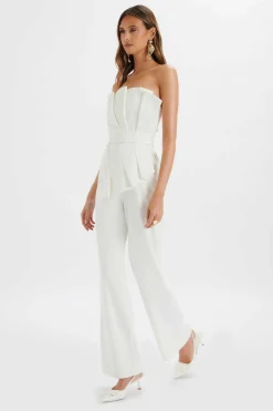 Lavish Alice Jumpsuits & Playsuits<Elara Asymmetric Pleated Frill Straight Leg Jumpsuit In White