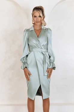 Lavish Alice Dresses<Elise Satin Wrap Shirt Dress In Sage