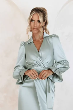 Lavish Alice Dresses<Elise Satin Wrap Shirt Dress In Sage