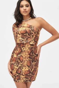 Lavish Alice Dresses<Emilia Satin One Shoulder Cape Mini Dress In Golden Yellow Snake Print