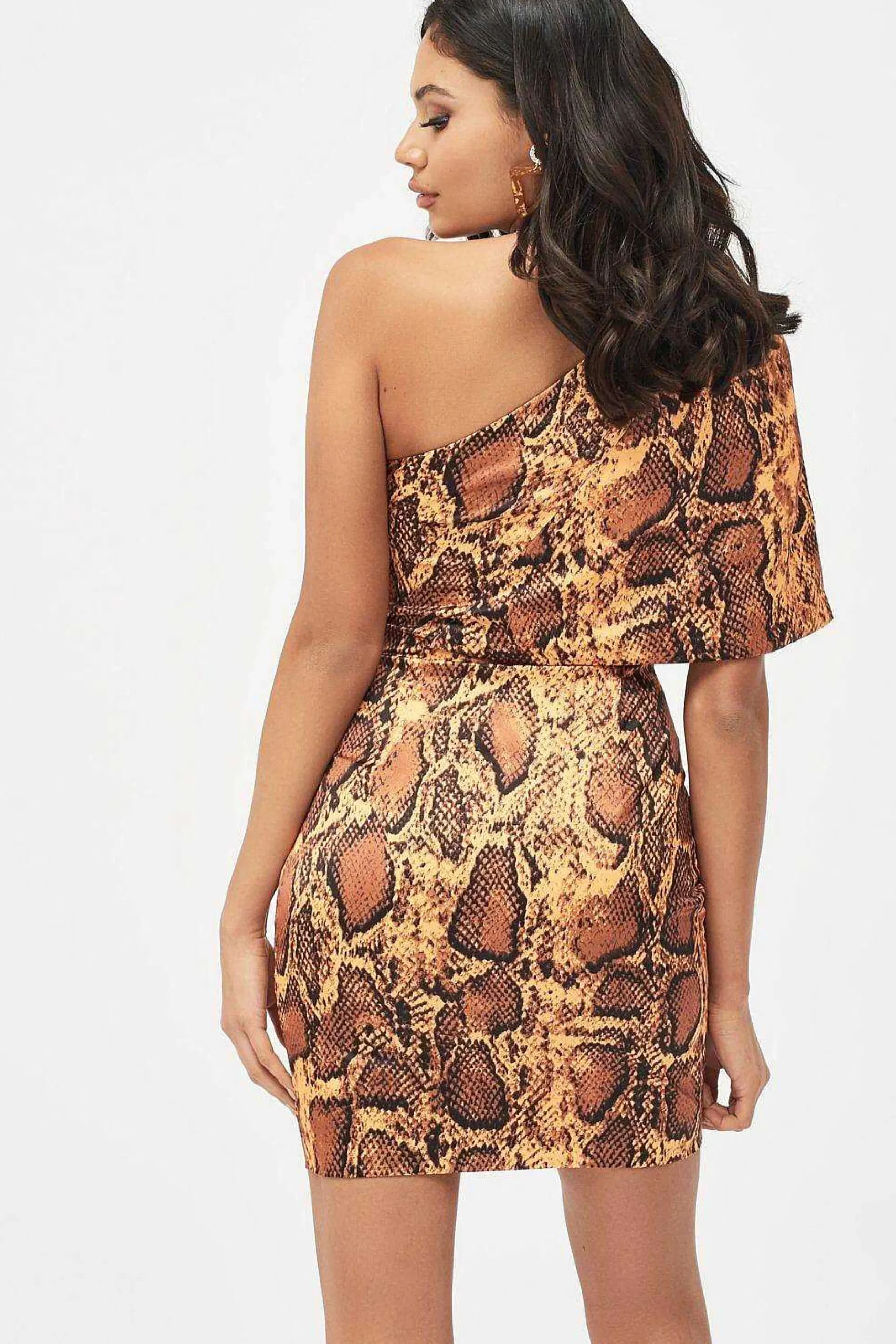 Lavish Alice Dresses<Emilia Satin One Shoulder Cape Mini Dress In Golden Yellow Snake Print