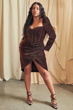 Lavish Alice Dresses<Esme Curve Diamante Velvet Puff Sleeve Midi Dress In Chocolate