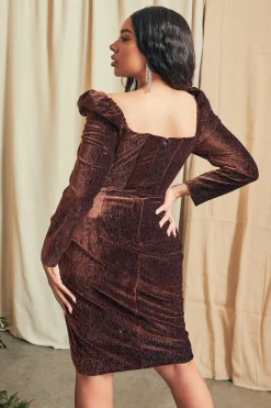 Lavish Alice Dresses<Esme Curve Diamante Velvet Puff Sleeve Midi Dress In Chocolate