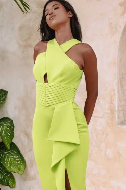 Lavish Alice Wedding Guest<Gwendolyn Cross Neck Pleat Waist Midi Dress In Chartreuse