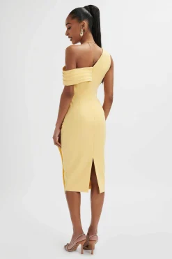 Lavish Alice Dresses<Hannah Pleated Asymmetric Off Shoulder Midi Dress In Pastel Yellow
