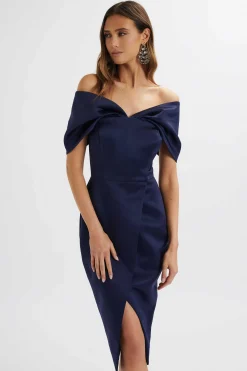 Lavish Alice Dresses<Harleen Draped Bardot Bonded Satin Midi Dress In Navy