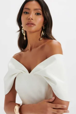 Lavish Alice Dresses<Harleen Draped Bardot Bonded Satin Midi Dress In White