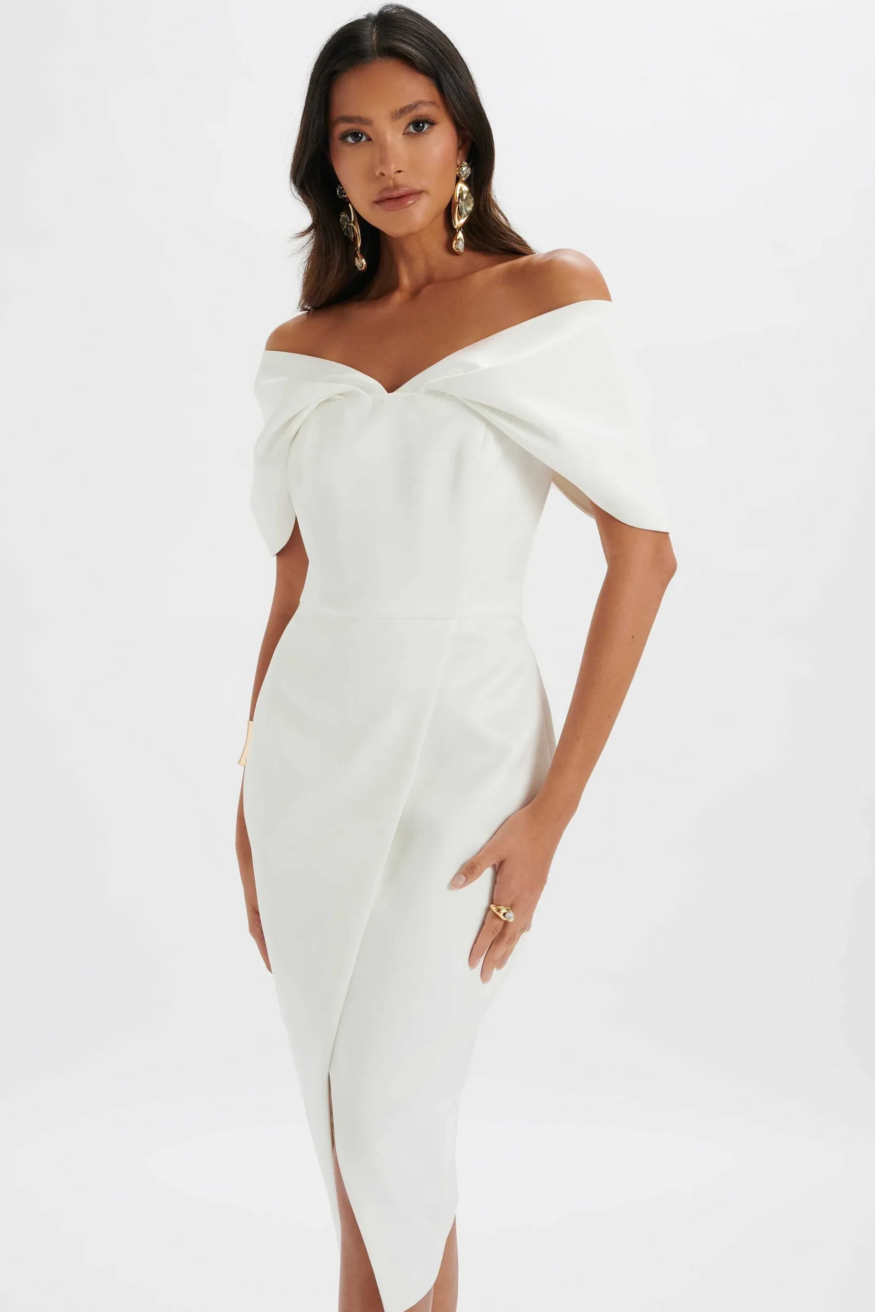 Lavish Alice Dresses<Harleen Draped Bardot Bonded Satin Midi Dress In White