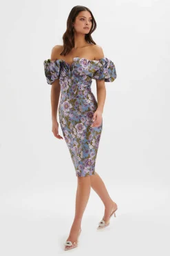 Lavish Alice Wedding Guest<Harlow Jacquard Corset Puff Sleeve Midi Dress In Blue Purple
