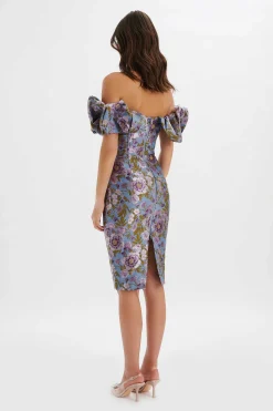 Lavish Alice Wedding Guest<Harlow Jacquard Corset Puff Sleeve Midi Dress In Blue Purple