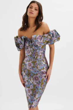 Lavish Alice Wedding Guest<Harlow Jacquard Corset Puff Sleeve Midi Dress In Blue Purple