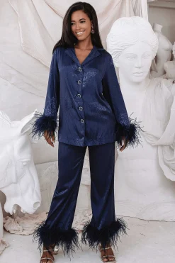 Lavish Alice Luxury Pyjamas<Helen Feather Trim Satin Jacquard Pyjama In Navy