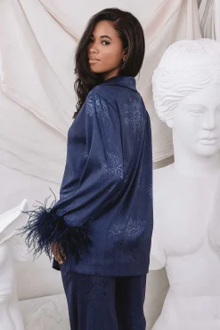 Lavish Alice Luxury Pyjamas<Helen Feather Trim Satin Jacquard Pyjama In Navy