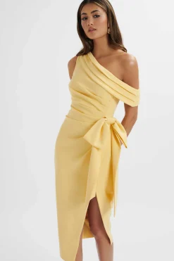 Lavish Alice Dresses<Honey Asymmetric Pleated Bow Midi Dress In Pastel Yellow