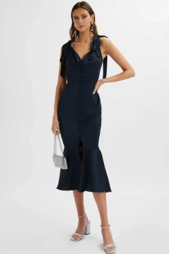 Lavish Alice Dresses<Indie Satin Cowl Neck Micro Button Longline Midi Dress In Navy