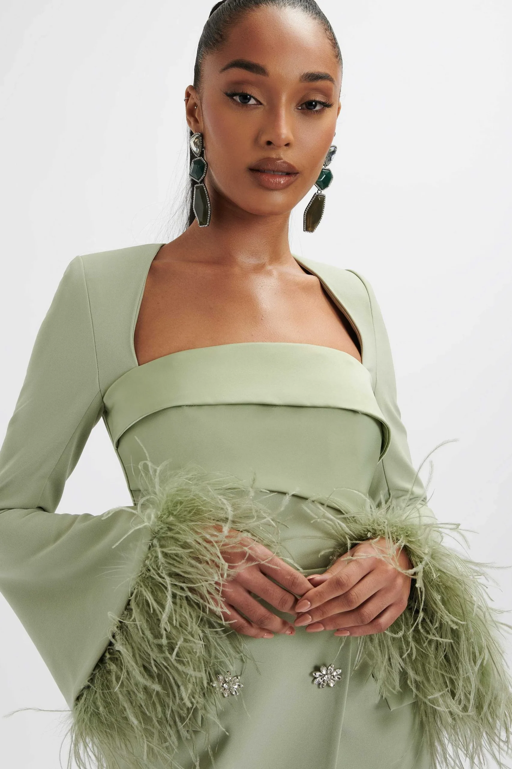 Lavish Alice Dresses<Iona Fluted Feather Sleeve Blazer Dress In Sage Green