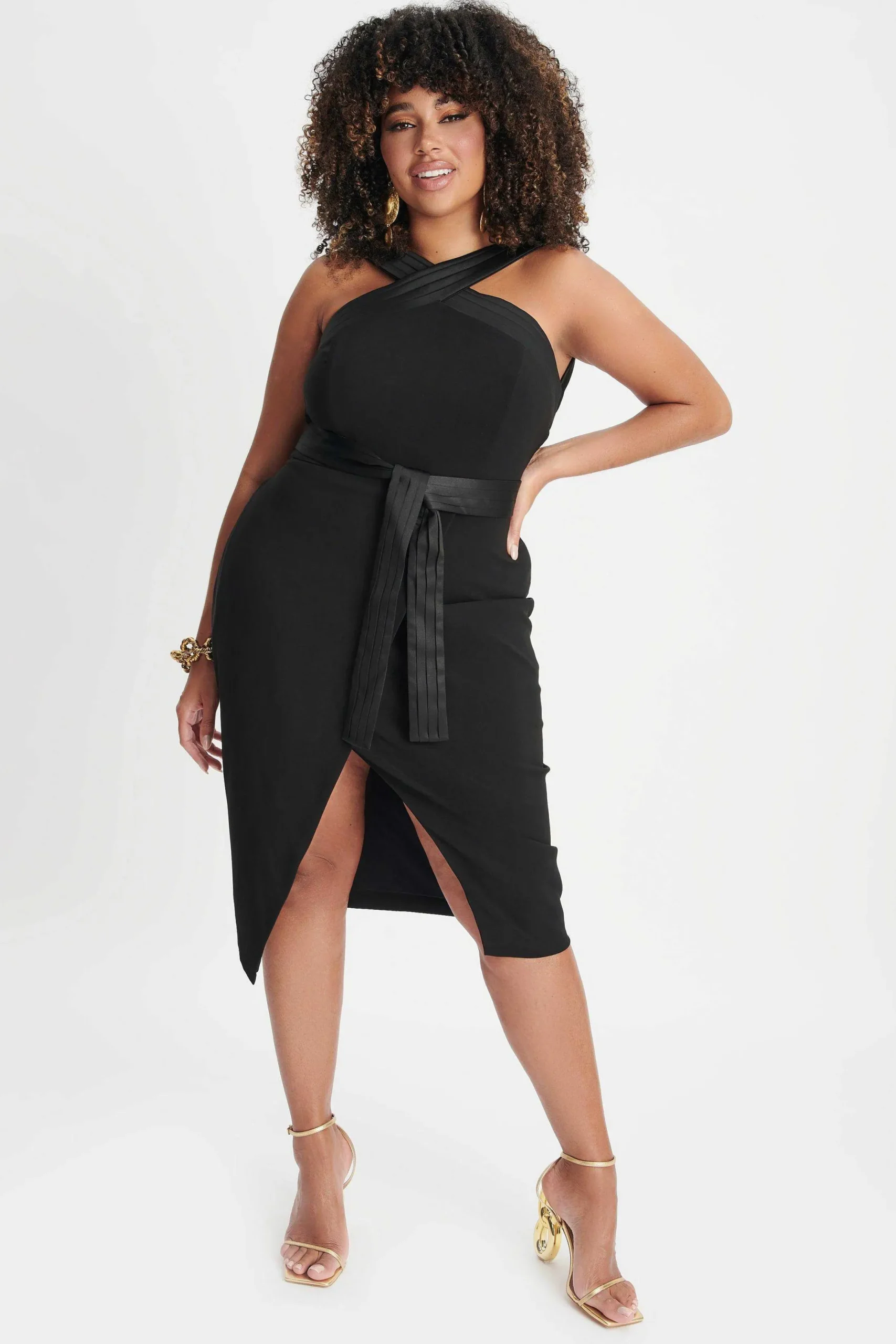 Lavish Alice Dresses<Isla Curve Satin Mix Cross Over Midi Dress In Black