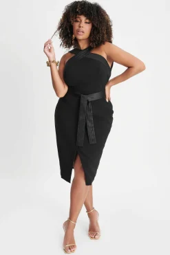 Lavish Alice Dresses<Isla Curve Satin Mix Cross Over Midi Dress In Black