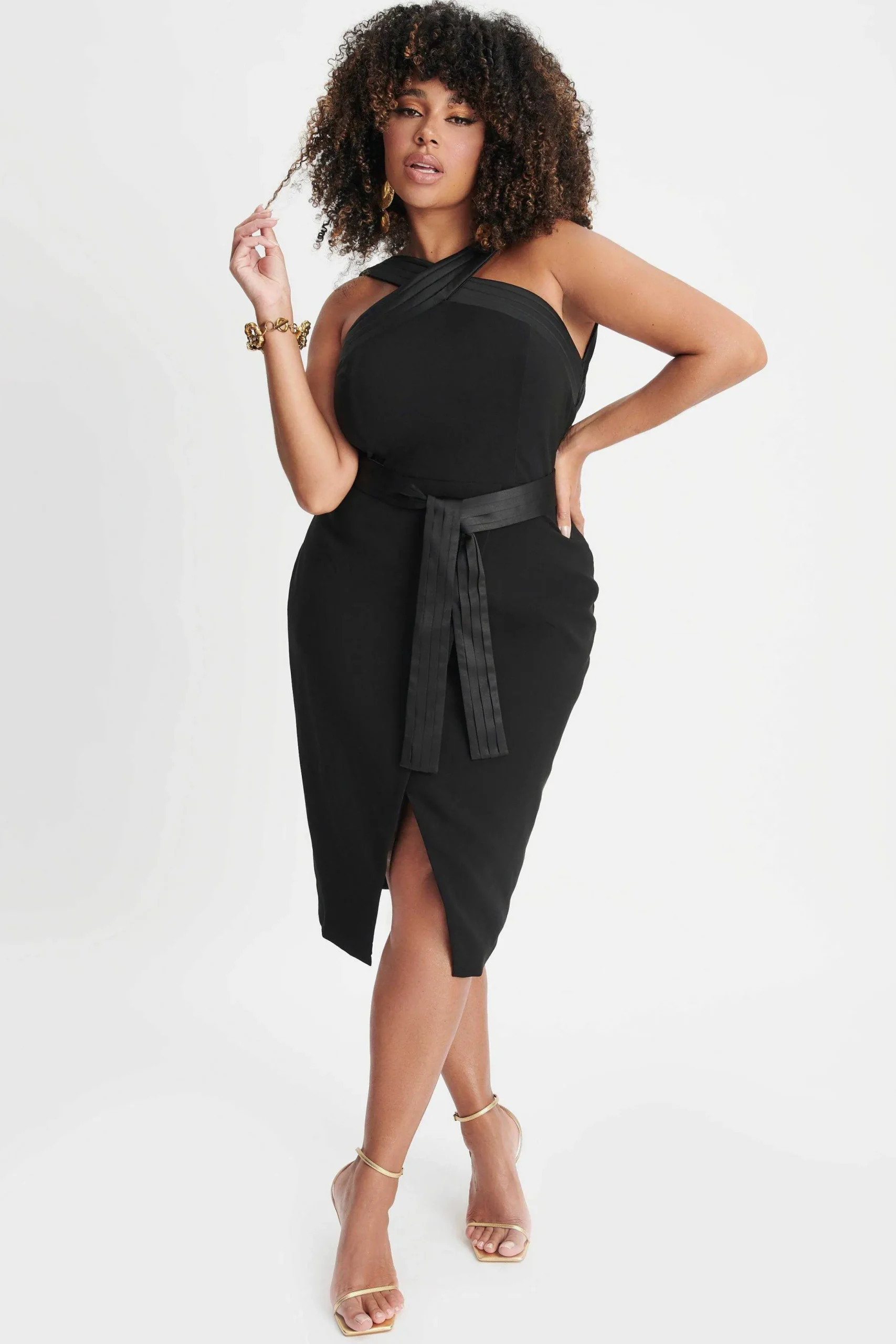 Lavish Alice Dresses<Isla Curve Satin Mix Cross Over Midi Dress In Black